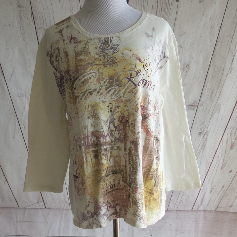 Nicole Miller New York Studded Graphic Front 3/4 Sleeve Cotton Top Blouse 2X